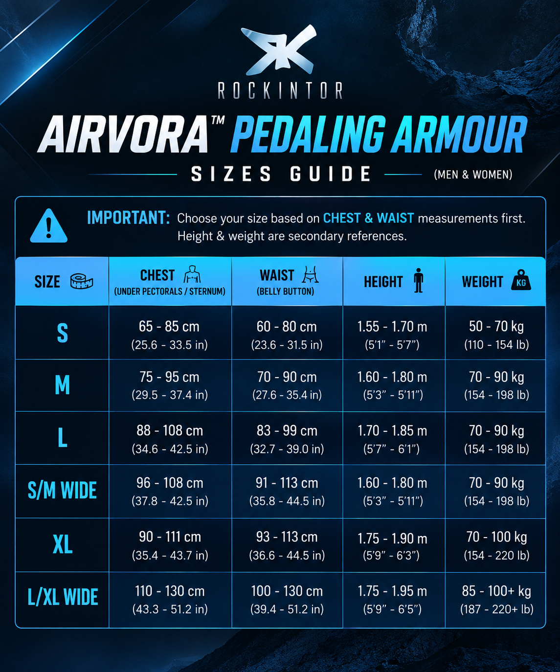 AirVora Pedaling Armour English size chart enlarged