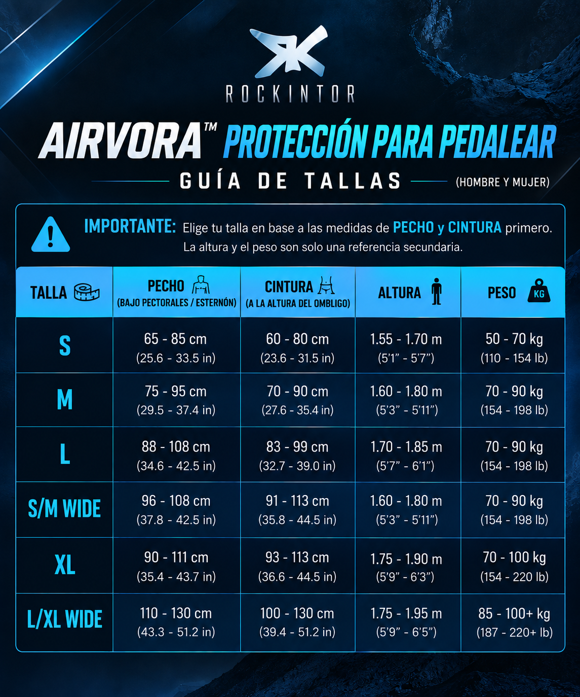 Guía de tallas AirVora Pedaling Armour en español ampliada